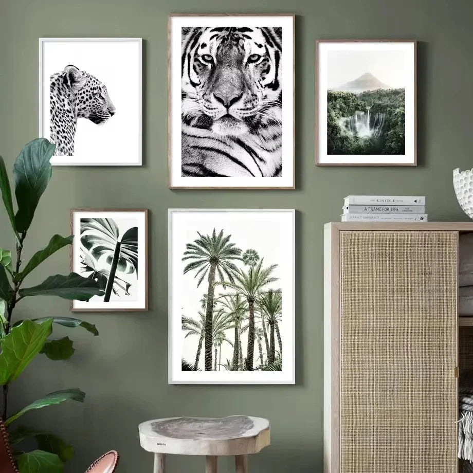 Wall Art Canvas Painting Tiger Leopard ForestWaterfall Palm Tree Canvas PaintingNordic Posters and Prints Living Room Decoration